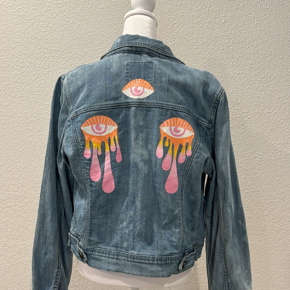 Sanctuary clothing light  denim washed jeans jacket with evil eye size medium